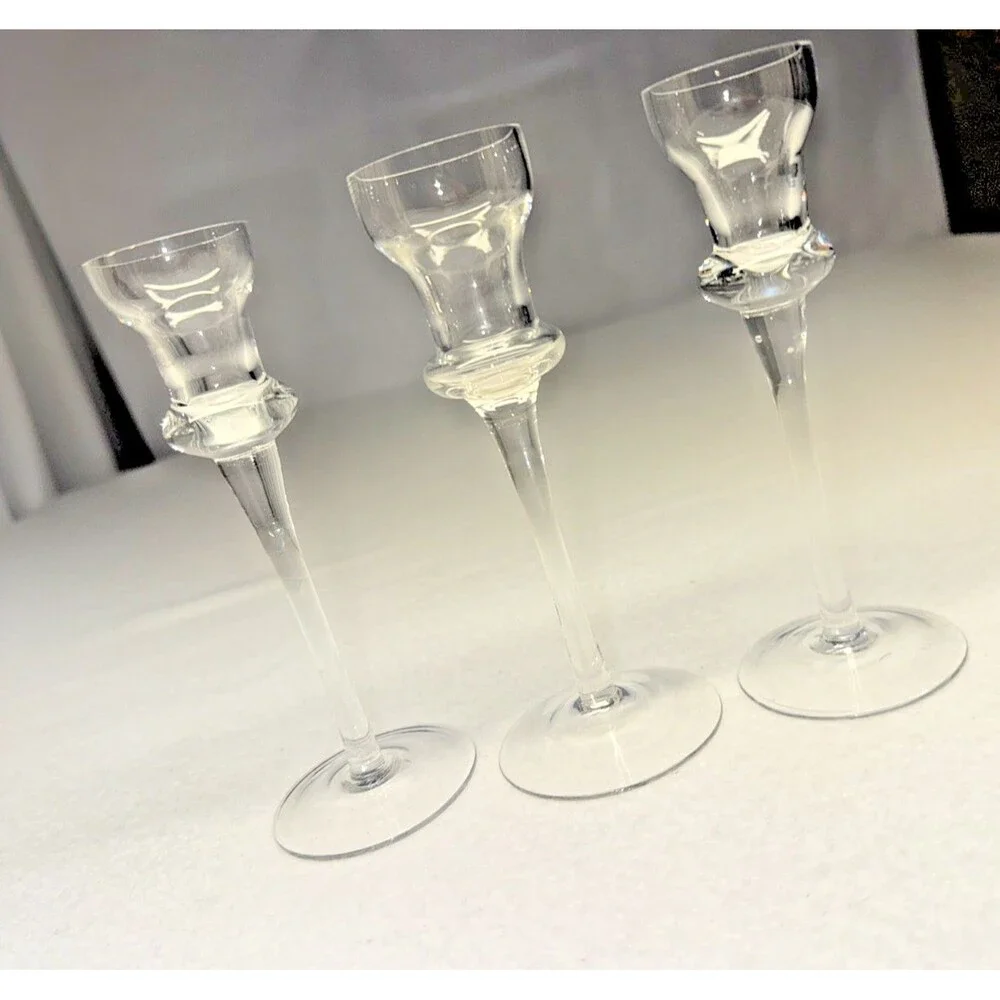 Clear Glass Long Stem Taper Candle Holders Candlesticks Set of 3 Vintage